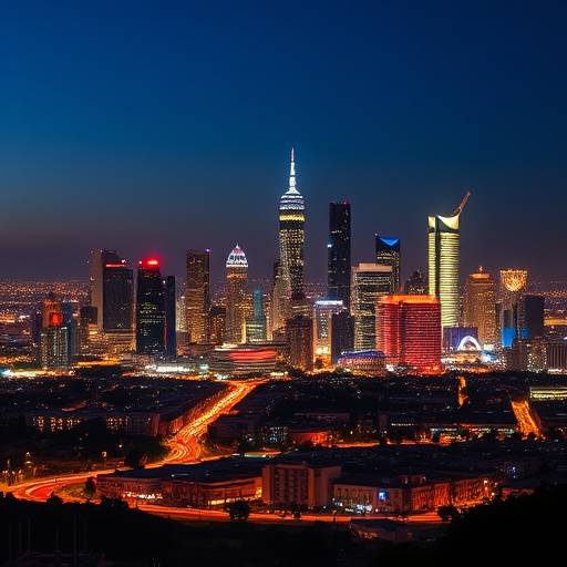 Downtown Los Angeles skyline at night with vibrant city lights and modern architecture