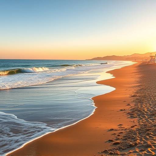 Panoramic view of Malibu Beach with golden sand, crashing waves, and lifeguard stand
