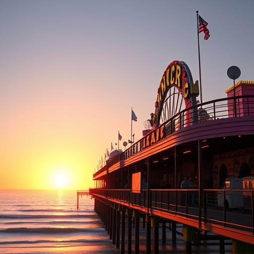 Santa Monica Pier at sunset with colorful amusement park rides and the Pacific Ocean in the background
