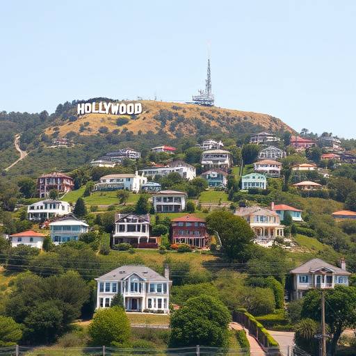 View of the Hollywood Hills with iconic houses and greenery